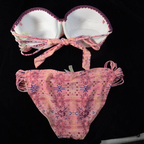 GB Pink Aztec Print Bandeau Bikini Swimsuit Side Skimpy Straps Crochet Edge Sz M - Picture 8 of 8